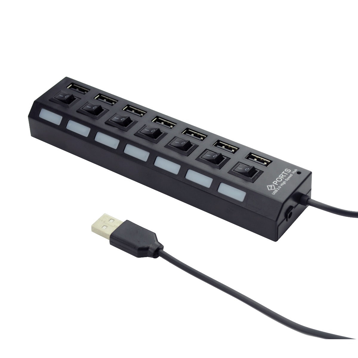 Hub USB 2.0 a 7 porte con interruttori e cavo di alimentazione, nero