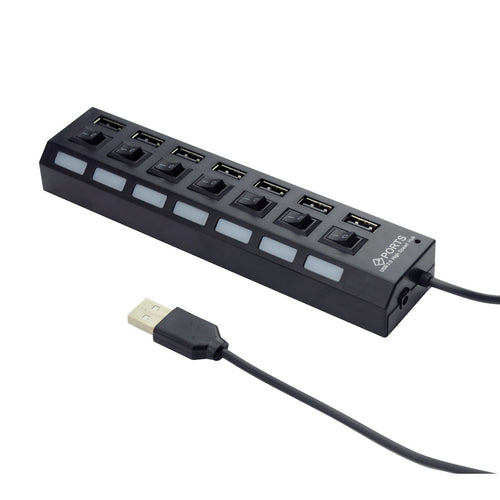 Hub USB 2.0 a 7 porte con interruttori e cavo di alimentazione, nero