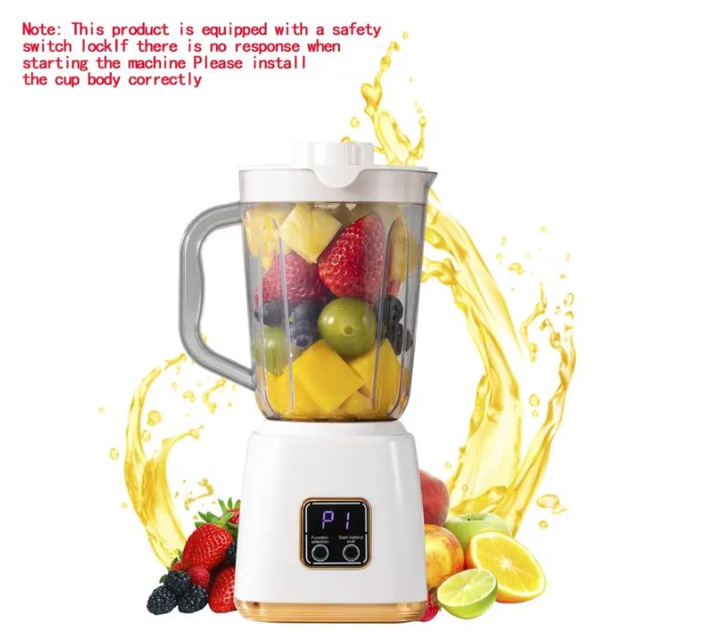 Frullatore portatile USB bianco con caraffa trasparente e frutta tagliata
