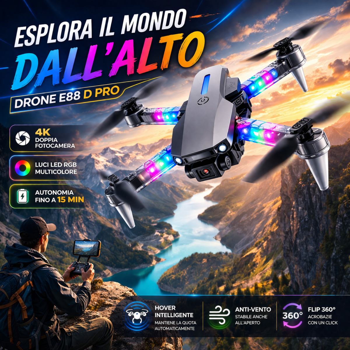 Drone pieghevole con luci LED RGB multicolore, fotocamera frontale e 4 eliche.
