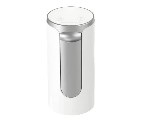Pompa elettrica portatile bianca con beccuccio e vano interno grigio