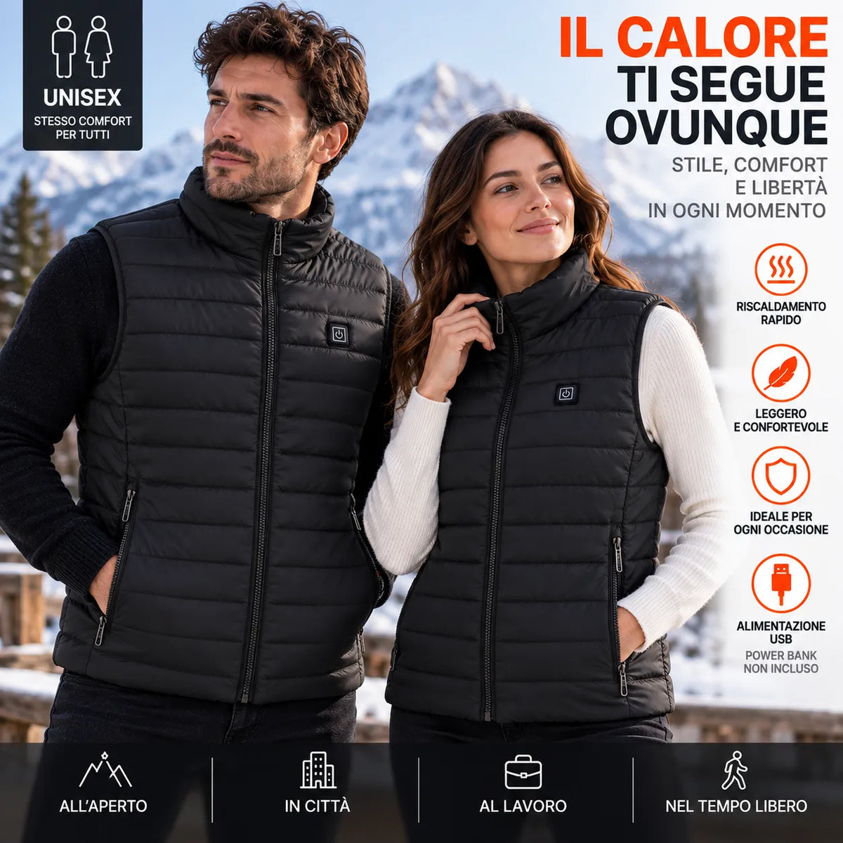 Gilet riscaldante unisex nero con cappuccio, zip frontale, tasche e pannelli calore accesi