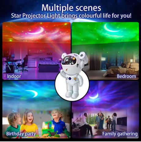 Proiettore a forma di astronauta con stelle e nebulose luminose colorate