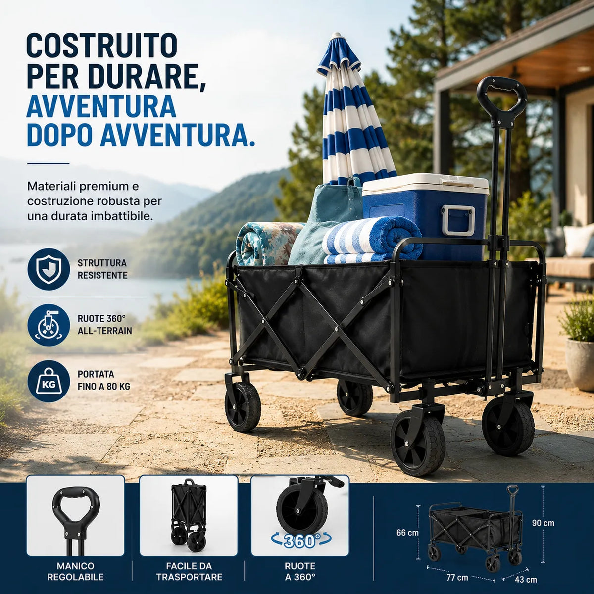 Carrello pieghevole nero resistente con 4 ruote 360° e manico regolabile
