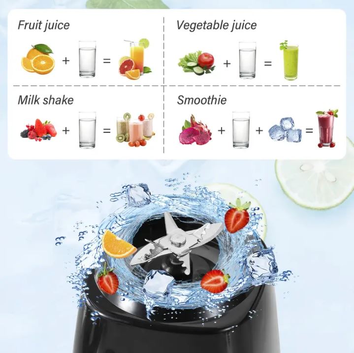 Frullatore portatile USB nero con lame in metallo e liquido in caraffa