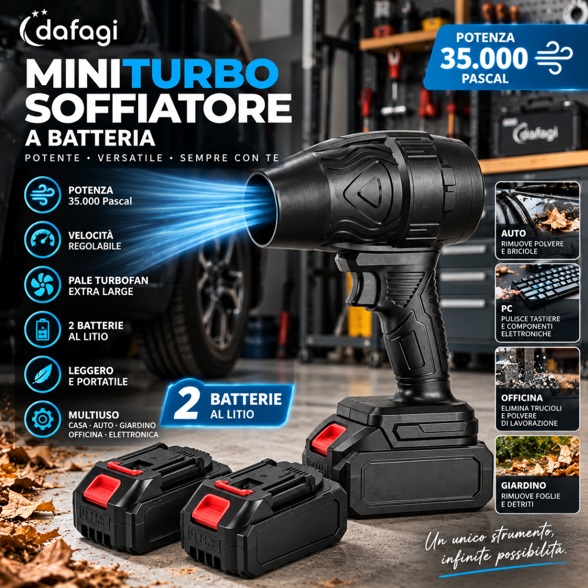 Soffiatore cordless nero con due batterie al litio e impugnatura anteriore
