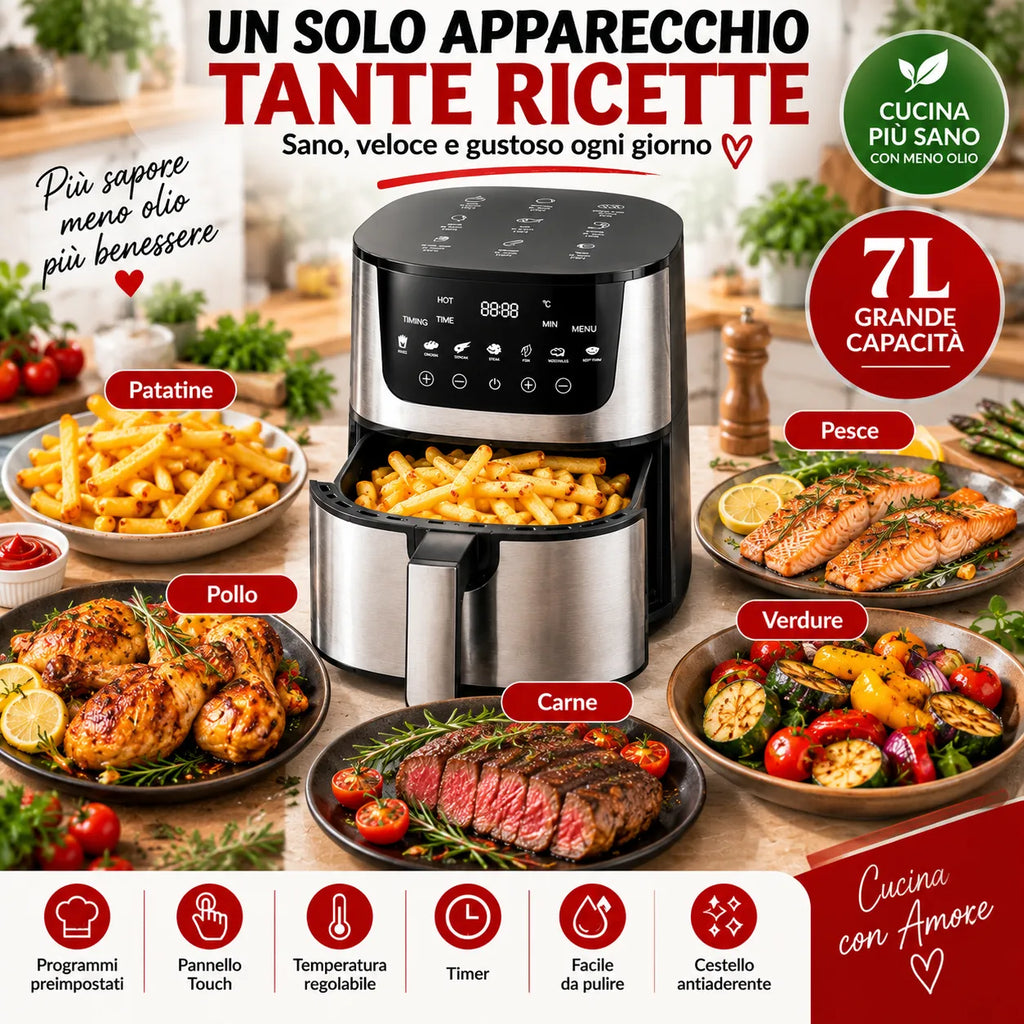 Friggitrice ad aria digitale 7L con display touch e cestello con patatine