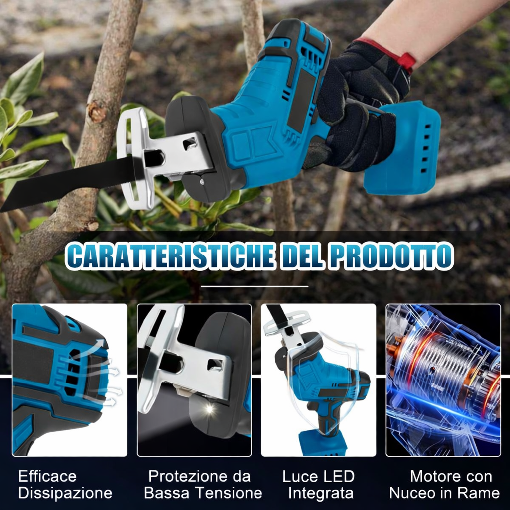 Seghetto Alternativo a Batteria 48V Portatile con 4 Lame – Sega Elettrica Multifunzione per Legno, Metallo e PVC con Luce LED, Motore Potente e Valigetta