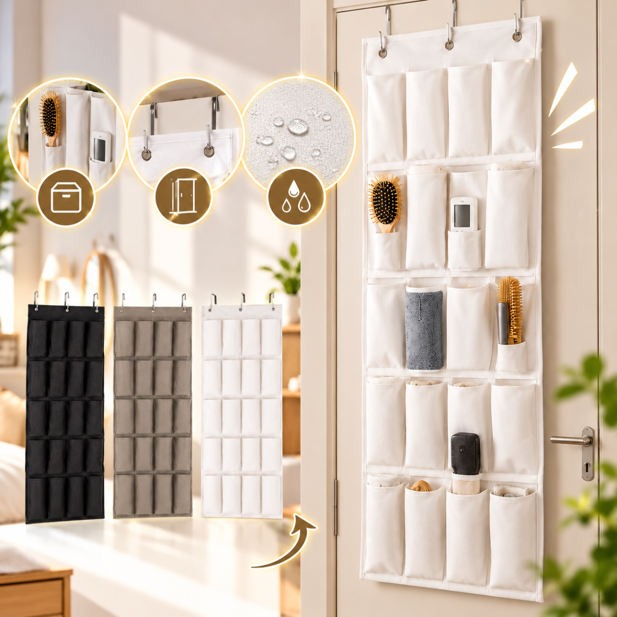 Organizer da parete con tasche portaoggetti bianche per porta, con accessori