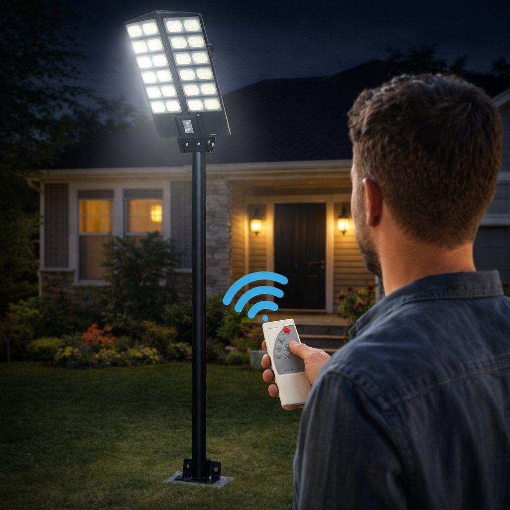 Lampione Solare LED 1800W con Telecomando – 23000mAh, Sensore Movimento, IP66 Impermeabile, Faro Stradale Esterno Alta Luminosità