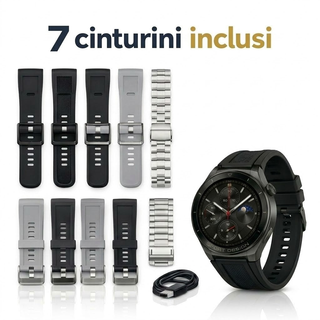 Smartwatch con set di 7 cinturini e cavo, cinturino nero in evidenza
