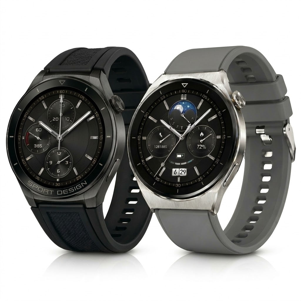 Smartwatch con cinturino nero in silicone e quadrante nero, visione frontale