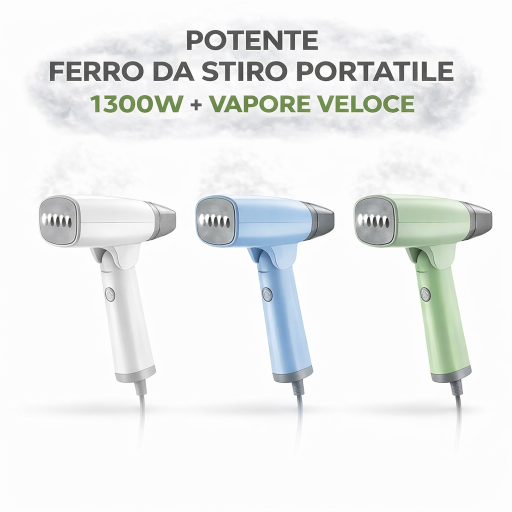 Ferri da stiro portatili a vapore bianchi, azzurri e verdi con ugello grigio