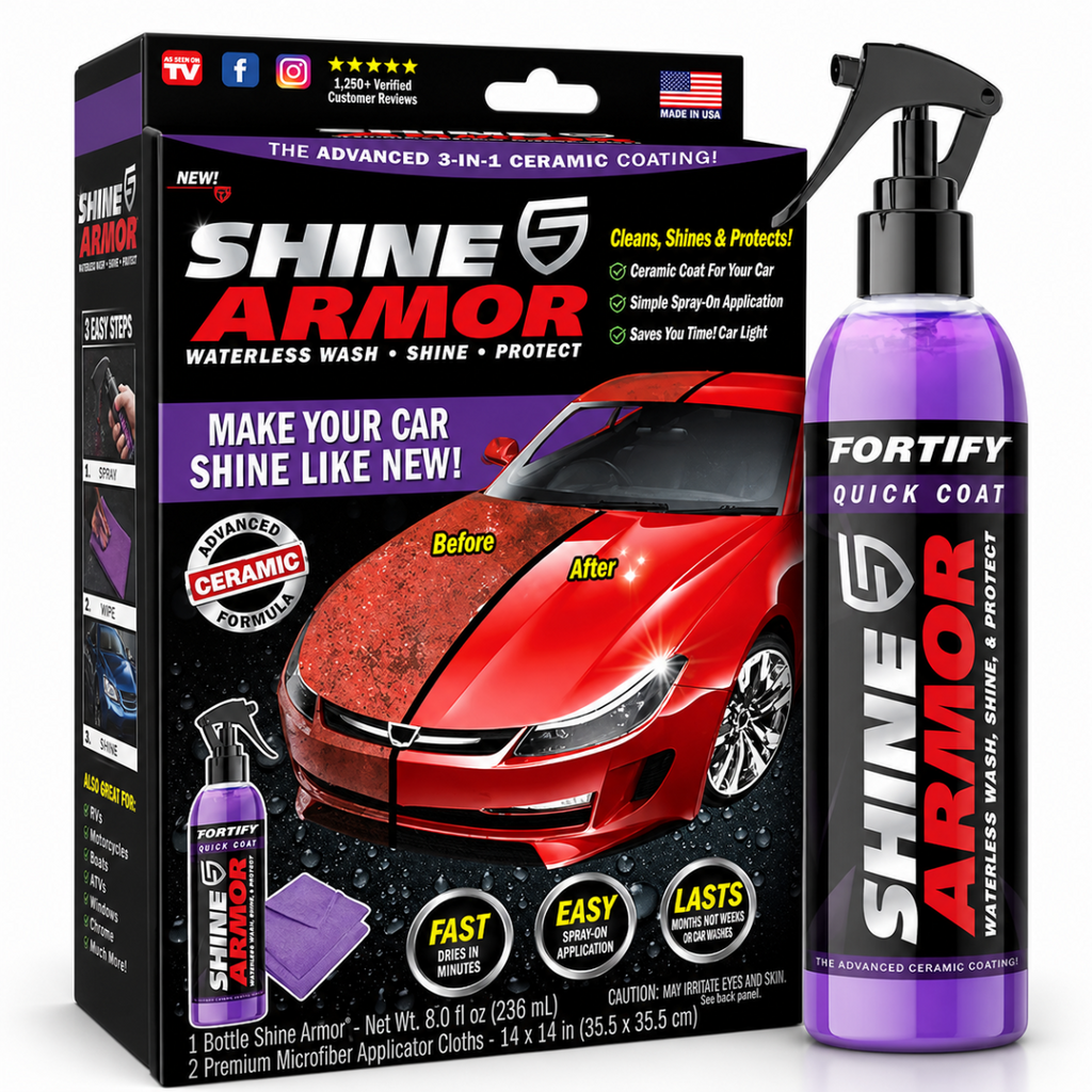 Spray lucidante auto Shine Armor Fortify Quick Coat, flacone viola con spruzzatore.