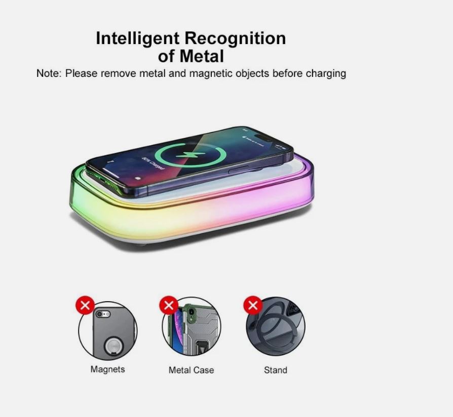 Caricatore wireless da tavolo con base giallo-nera e luce LED multicolore sul telefono
