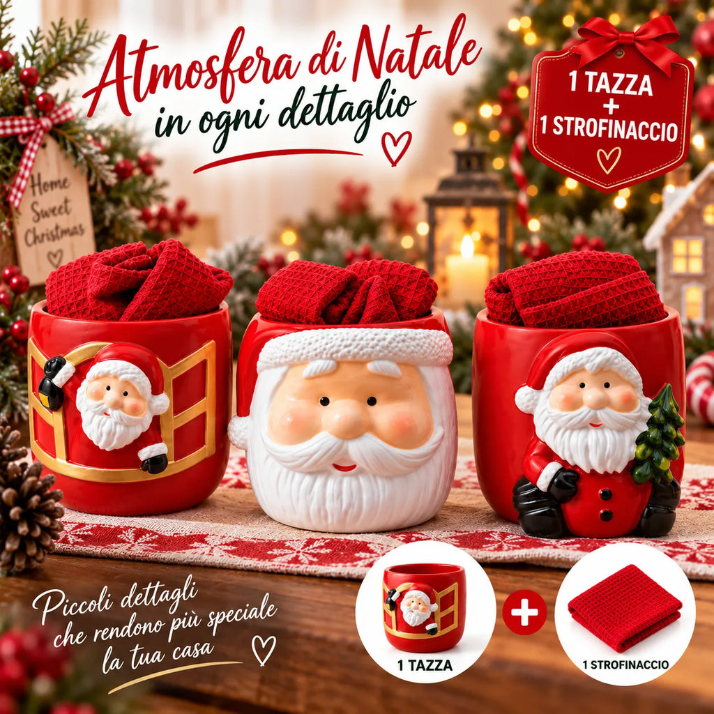 Set di tazze natalizie con Babbo Natale e strofinaccio da cucina incluso, 3 fantasie