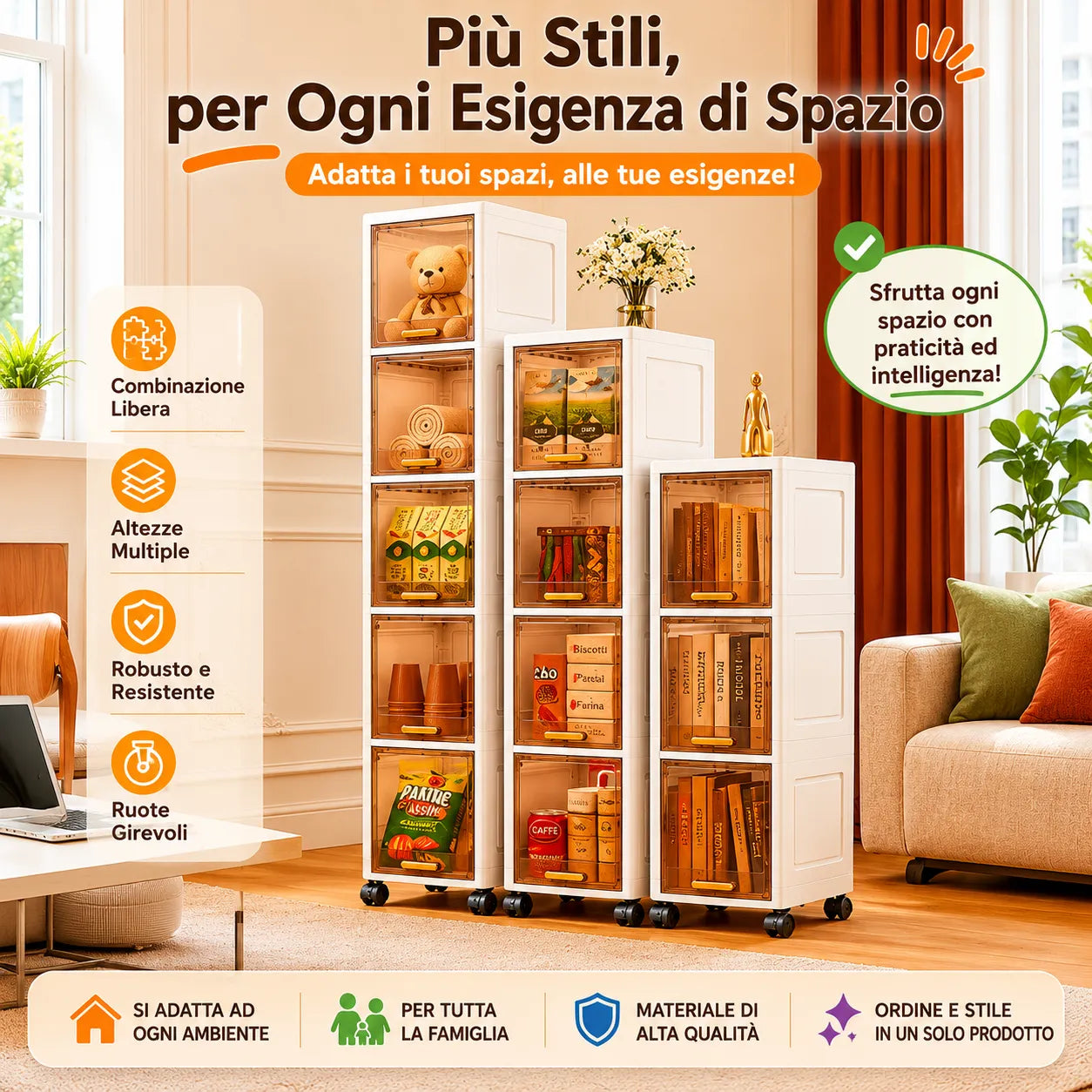 Mobiletto salvaspazio bianco su ruote con scomparti portaoggetti