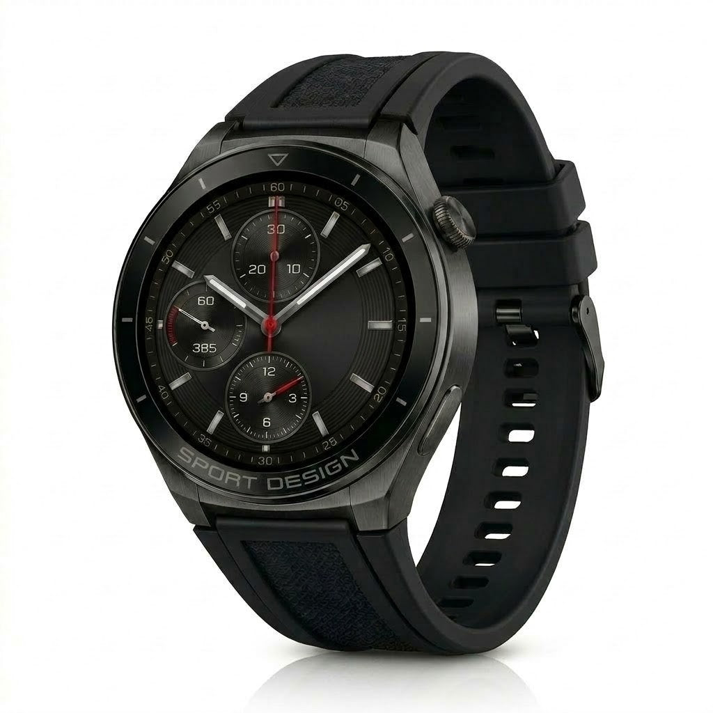 Smartwatch nero con cinturino nero in silicone, quadrante nero con indicatori rossi