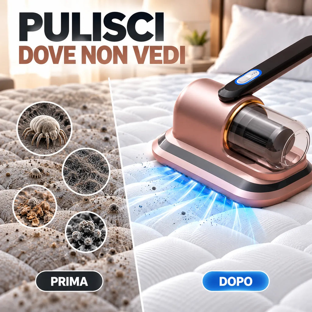 Aspirapolvere per materassi con luce blu, rimozione polvere e acari evidenziata