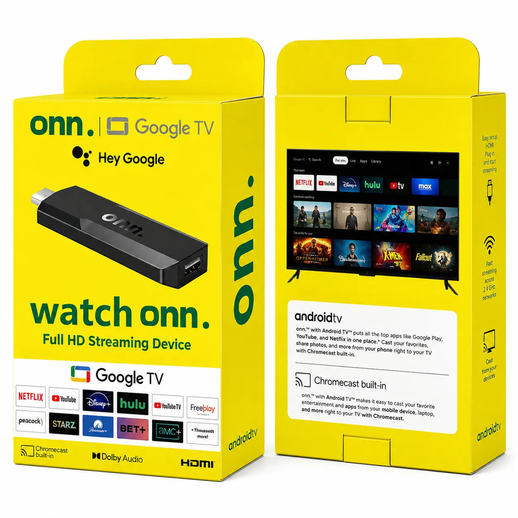 Confezione ONN Google TV: stick HDMI nero e telecomando