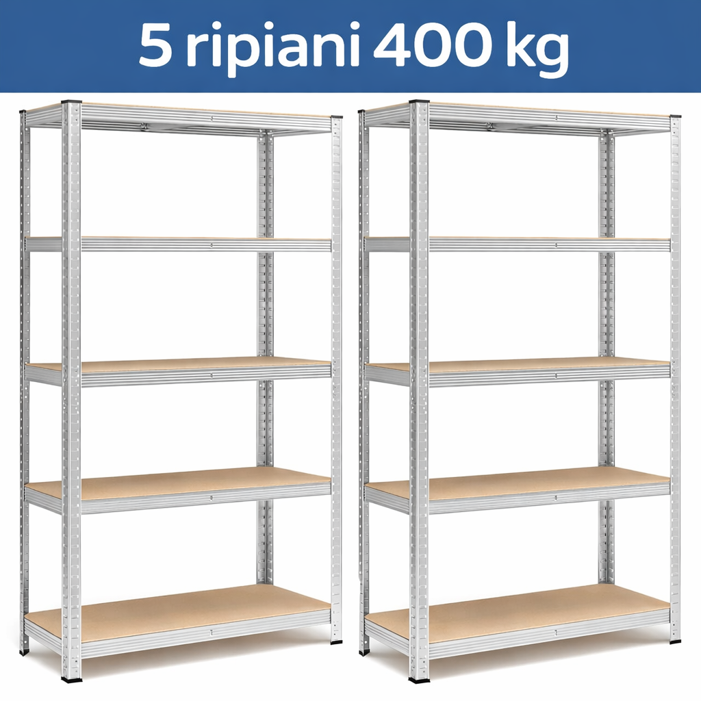 Scaffale Metallico 5 Ripiani 180×90×40 cm – Portata 80 kg per Ripiano Regolabile, Modulare, Senza Bulloni – Ideale per Garage, Cantina, Cucina, Ufficio