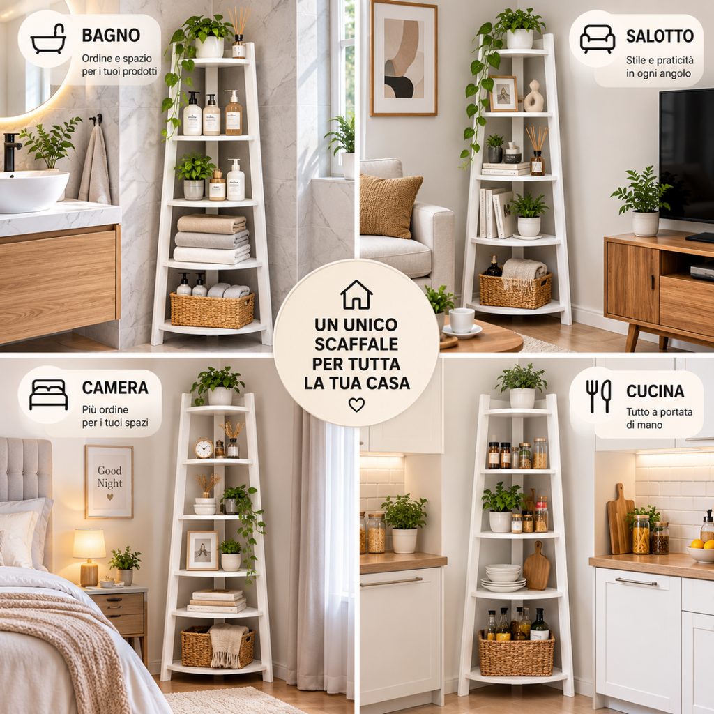 Scaffale angolare bianco a 5 ripiani per bagno, camera, cucina e salotto