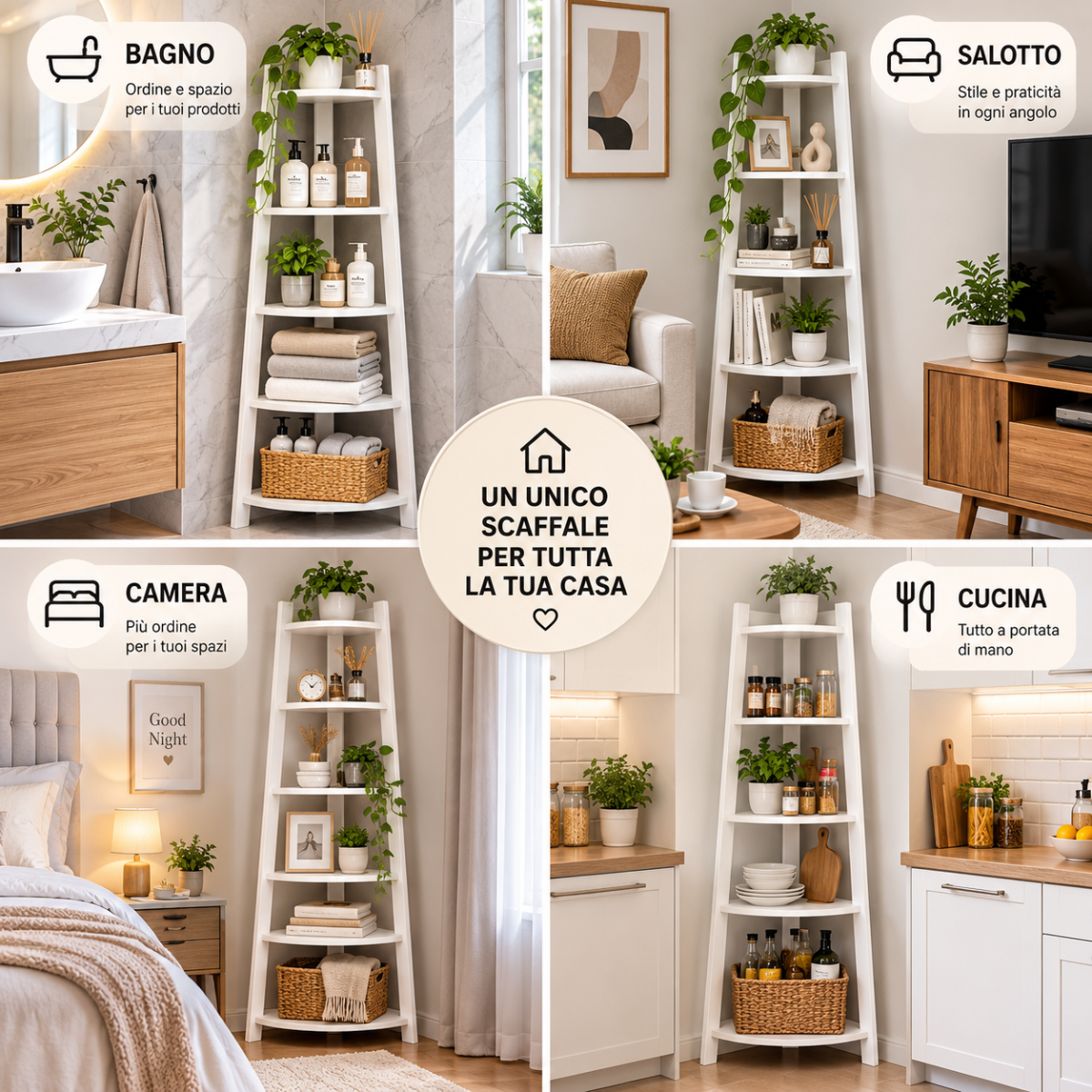 Scaffale angolare bianco a 5 ripiani per bagno, camera, cucina e salotto