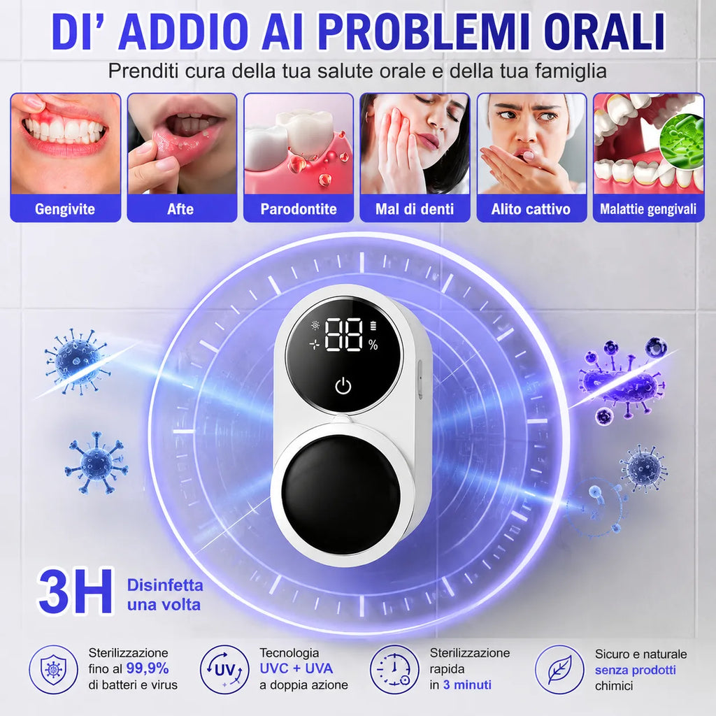 Sterilizzatore UV per spazzolini con display LED rotondo e vano per testine