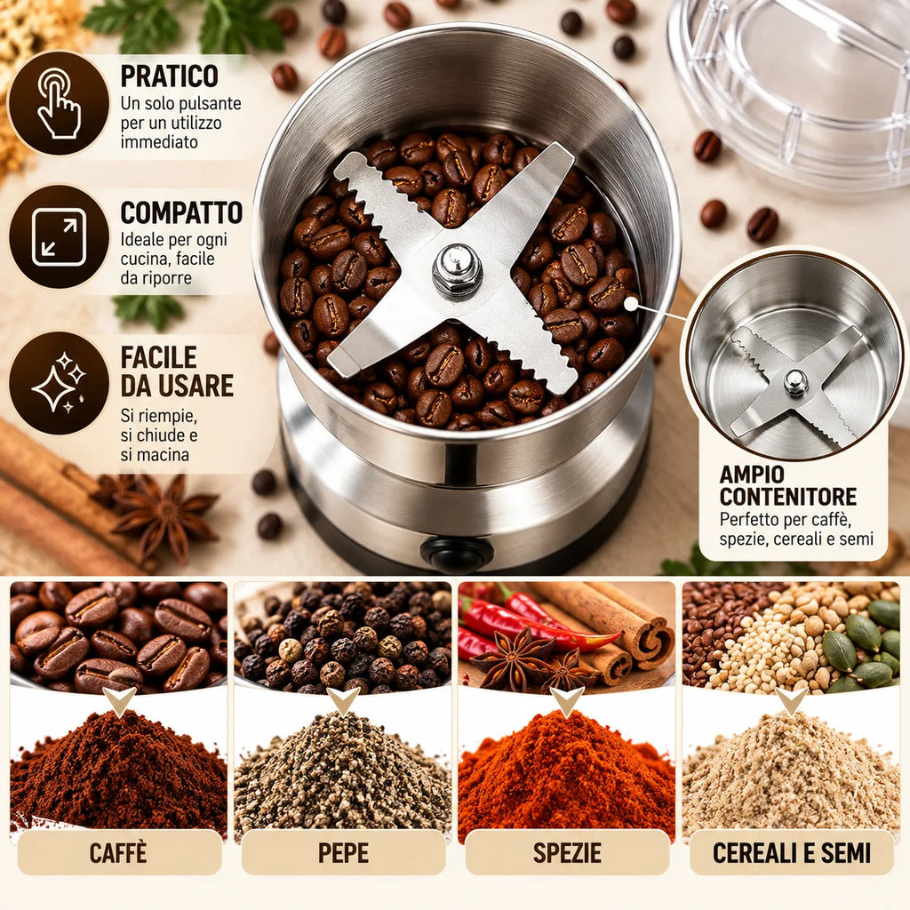 Macina caffè elettrico in acciaio inox con vasca aperta e lame visibili