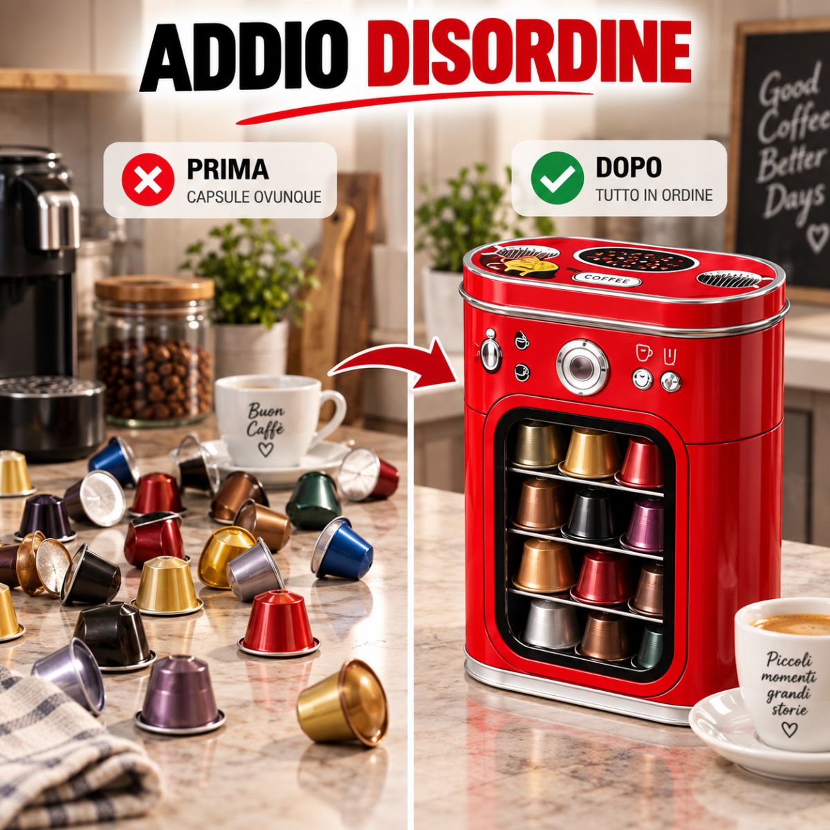 Contenitore porta capsule caffè vintage rosso con capsule in metallo vicino
