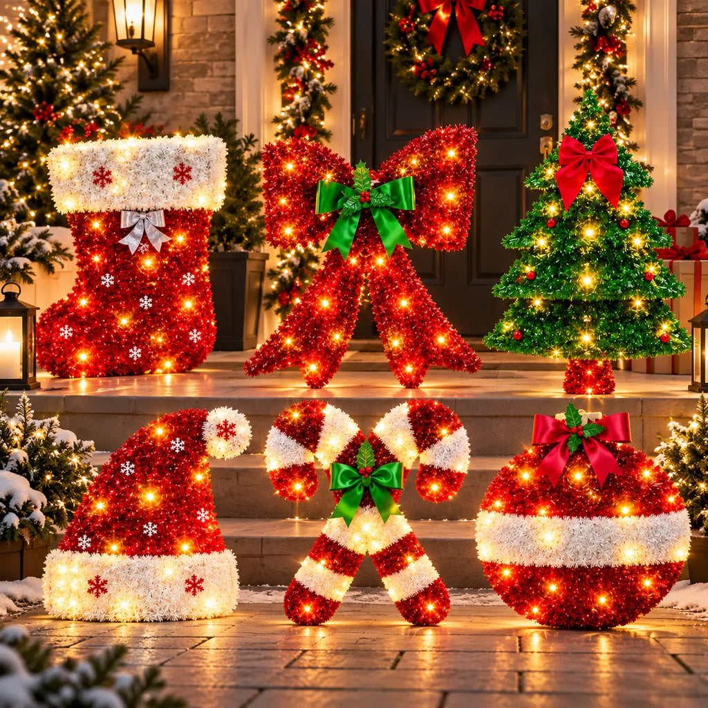Set 6 decorazioni natalizie luminose LED: cappello, calza, fiocco, bastoncini, pallina, albero verde.