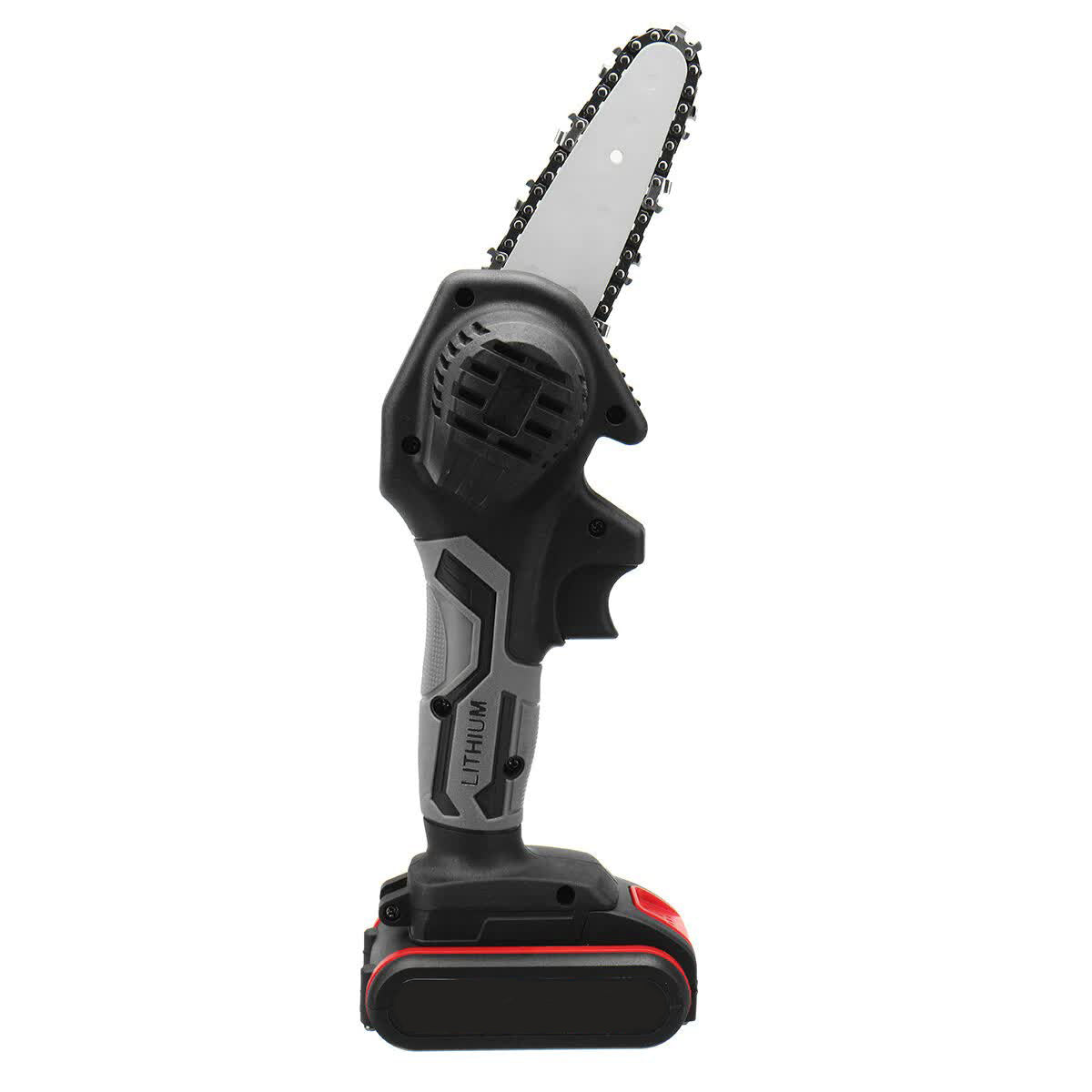 Mini motosega elettrica a batteria con impugnatura nera e lama a catena