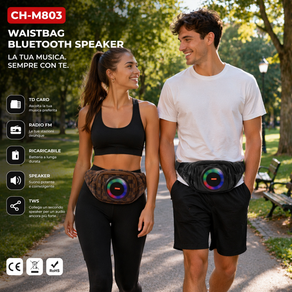 Marsupio con altoparlante Bluetooth RGB marrone a rombi, fascia frontale con speaker
