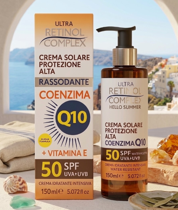 Crema solare SPF 50: scatola e flacone ambrato con pompa, coenzima Q10