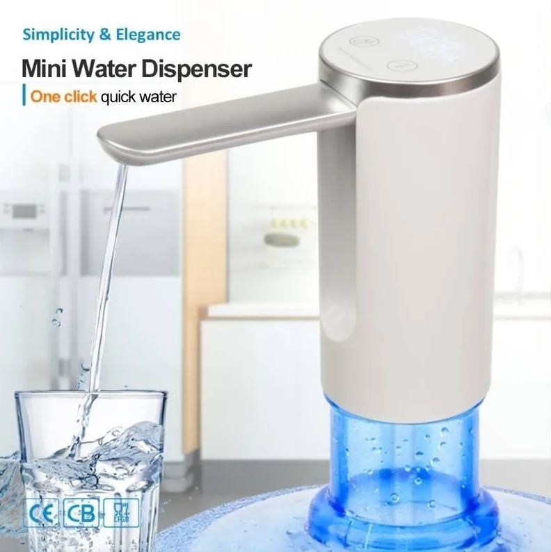 Mini distributore d’acqua bianco con beccuccio e getto d’acqua blu