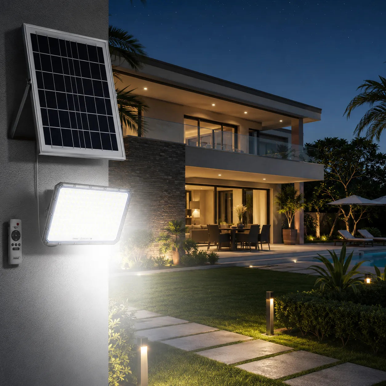 Faro LED solare con pannello fotovoltaico, supporto a parete e telecomando