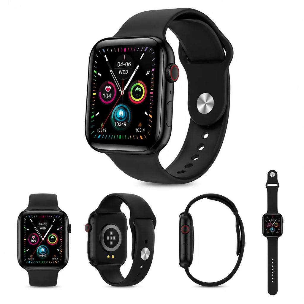 Smartwatch K10 nero con cinturino in silicone e display touch HD, accessori mostrati in foto.
