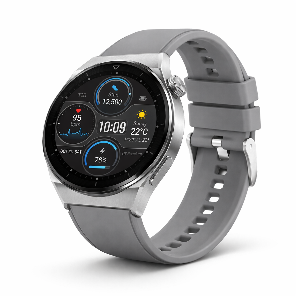 Smartwatch con cinturino grigio e cassa argento, quadrante nero con grafici