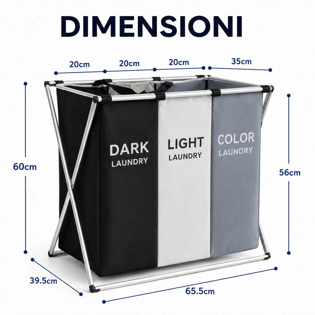 Cesto Portabiancheria 3 Scomparti Pieghevole con Telaio in Metallo – Porta Biancheria Salvaspazio per Bucato Scuri, Chiari e Colorati