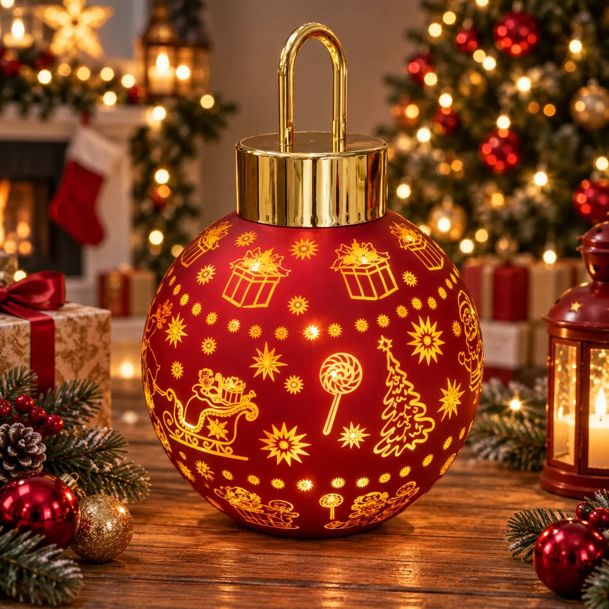 Palla di Natale luminosa LED rossa con maniglia e motivi natalizi dorati
