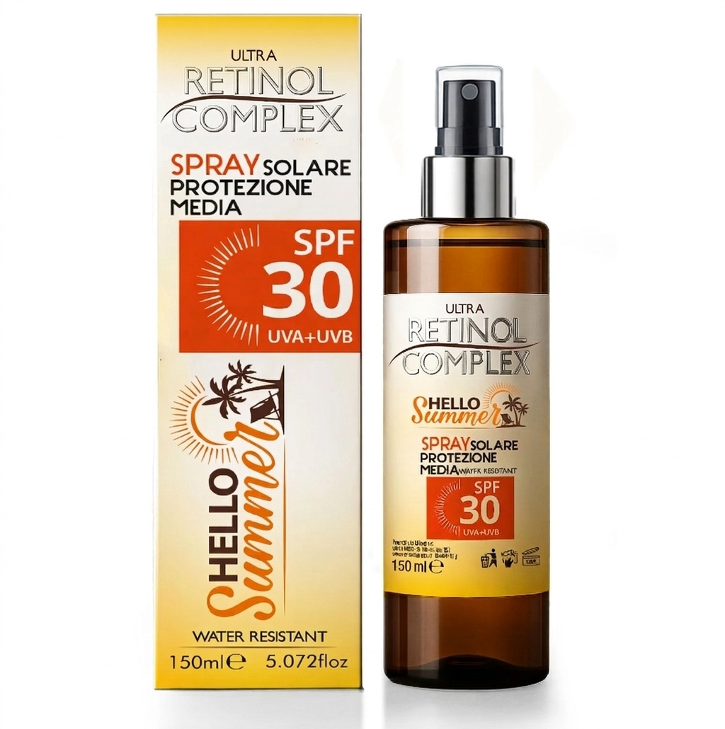 Spray solare Ultra Retinol Complex SPF 30: flacone ambrato e confezione a cartone