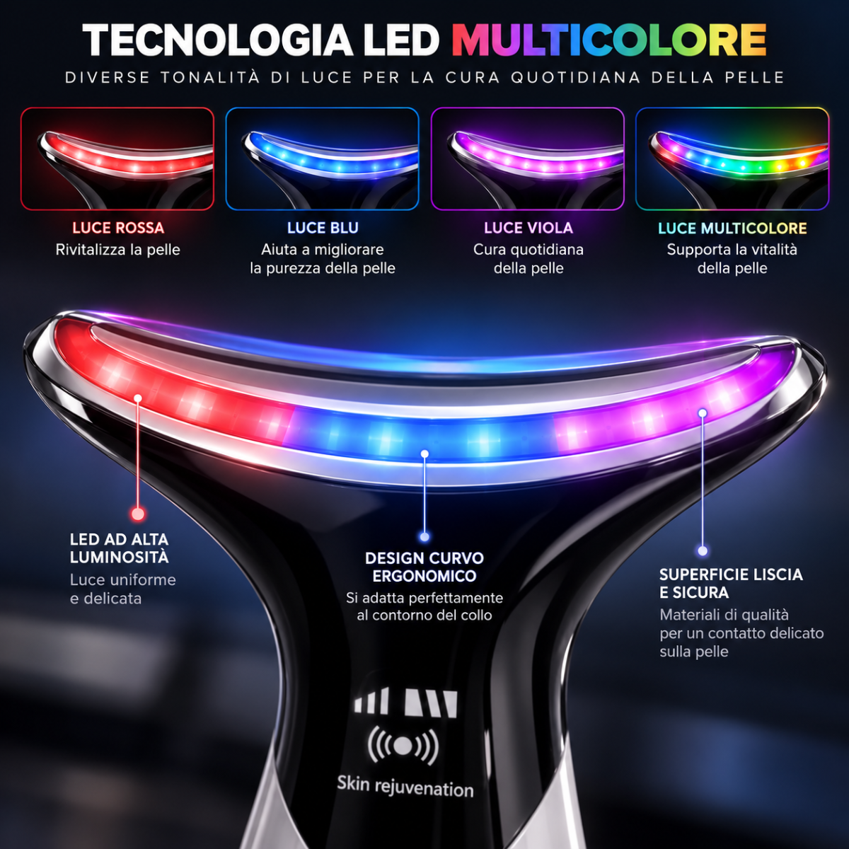 Massaggiatore viso e collo LED ricaricabile con superficie liscia e luci multicolore
