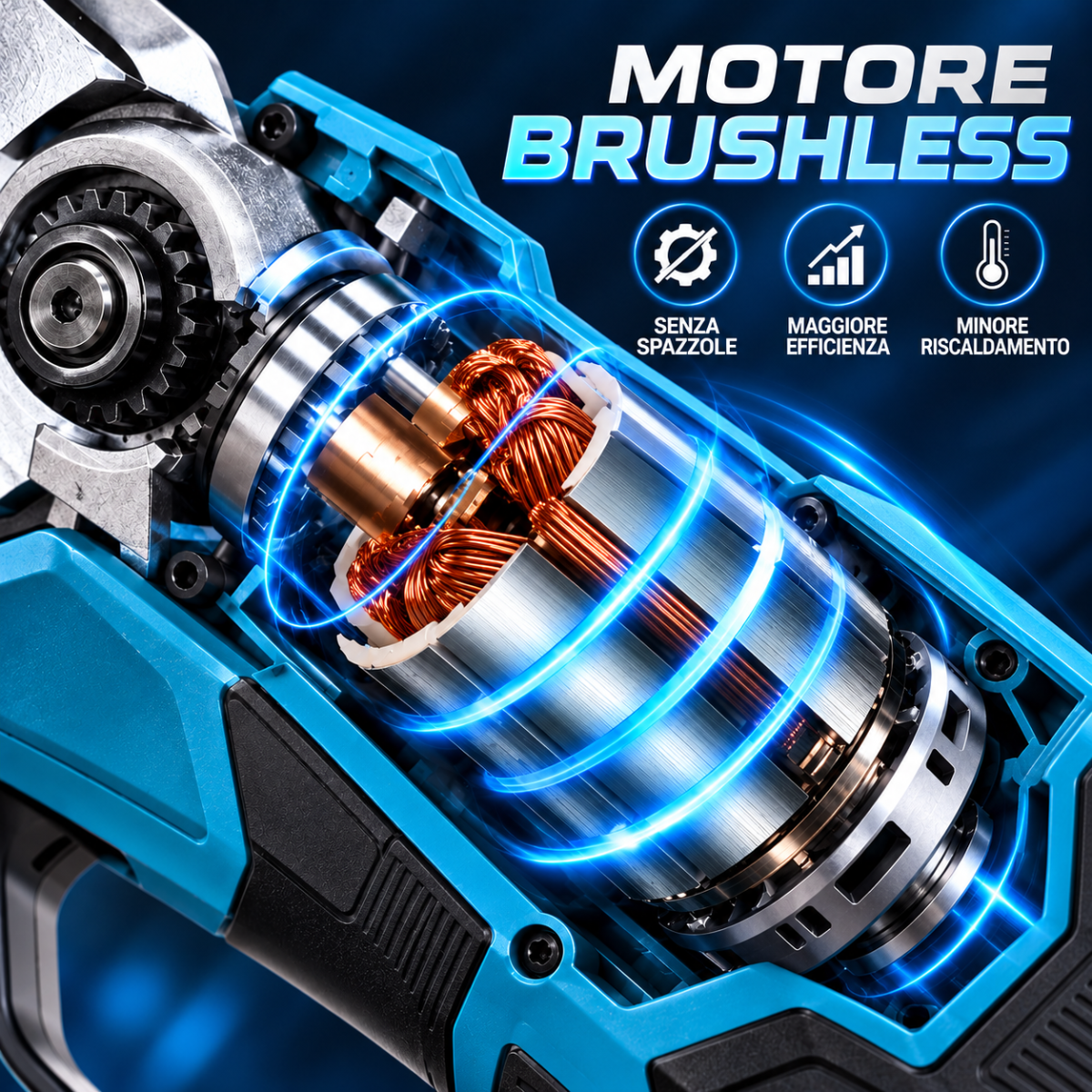 Cesoia elettrica brushless: gruppo motore con ingranaggi e bobine visibili
