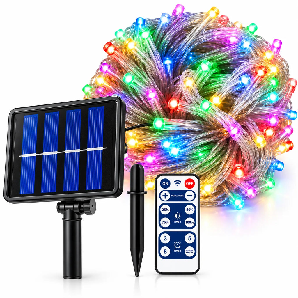 Luci a tenda LED multicolore con pannello solare, telecomando e filo trasparente