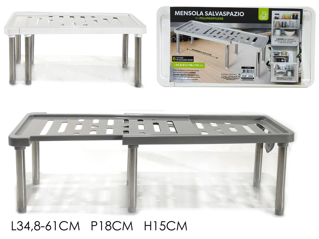 Scaffale espandibile grigio con ripiano forato, gambe metalliche e scatola