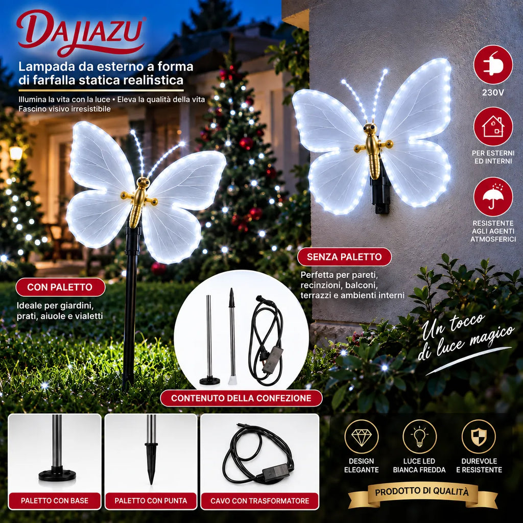 Decorazione natalizia a farfalla LED con due farfalle, ali bianche, corpo dorato, basi nere