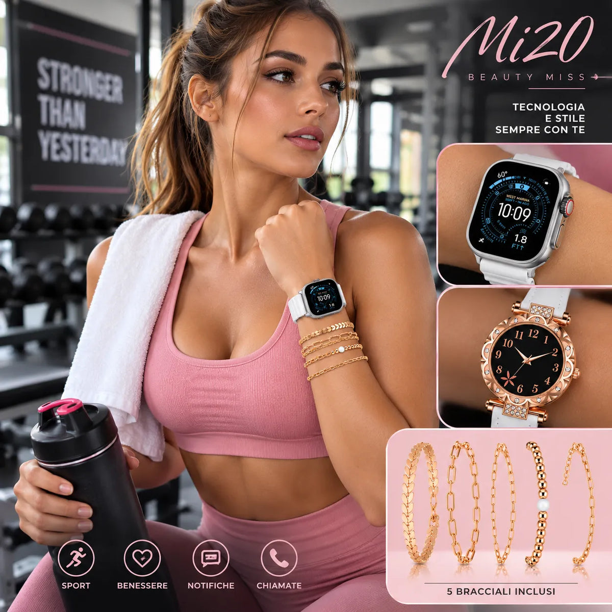 Orologio smart bianco e orologio analogico rosé con bracciali dorati sul polso