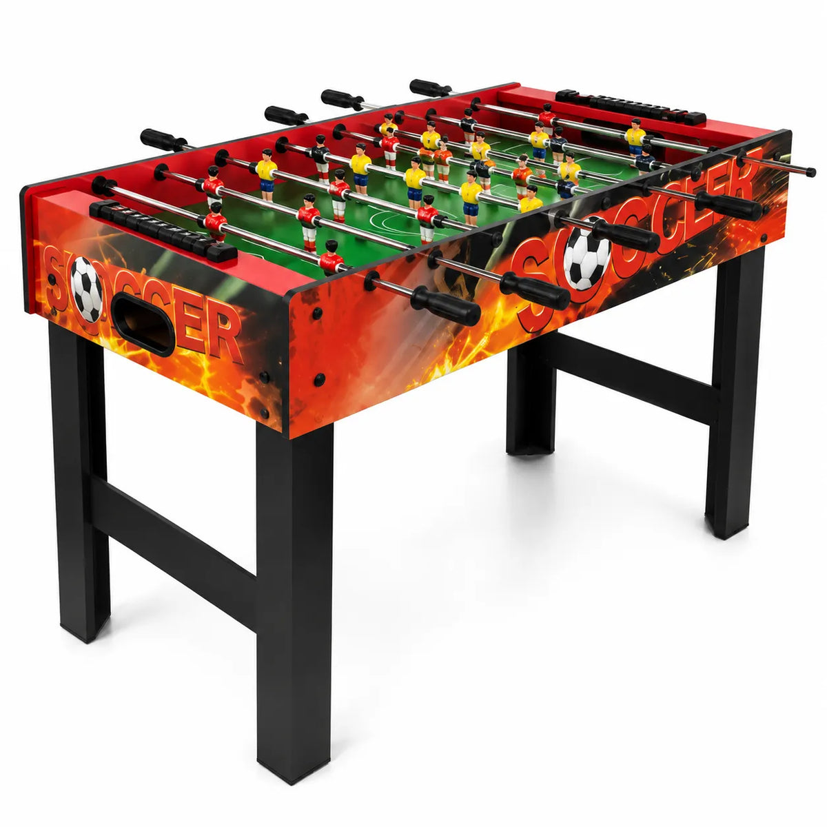 Tavolo da calcio balilla in legno rosso con gambe nere, aste in acciaio e campo verde.