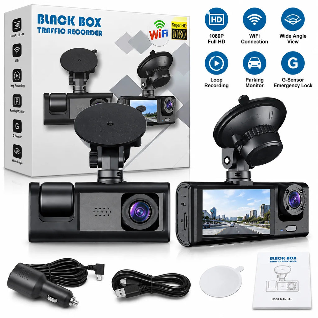 Kit dash cam auto Wi‑Fi Black Box con accessori, display e supporto