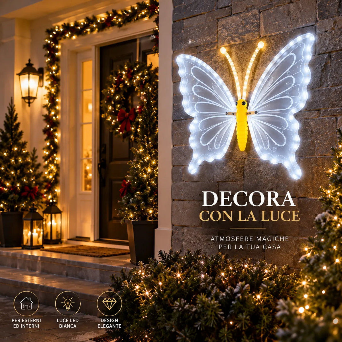 Farfalla LED decorativa bianca fredda con asta e luce su parete in mattoni